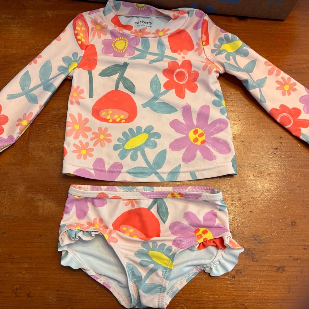 Carter's Pink Floral Long-Sleeve Rashguard Set with Coral & Lavender Accents